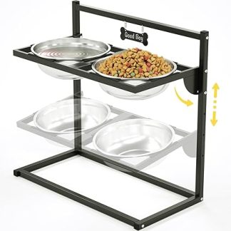 Подставка для корма для собак на возвышении с регулировкой высоты (4 уровня), наклоном на 10° и 2 мисками из нержавеющей стали (2 л), подставка для корма для собак гигантских, крупных и средних пород.