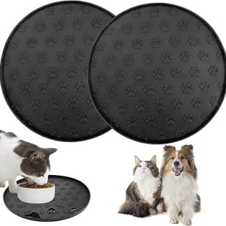 2 черных коврика для мисок для кошек, 27,5 x 27,5 x 1 см, круглые, водонепроницаемые, силиконовые коврики для корма для собак, коврики с приподнятым краем, для средних и маленьких питомцев, 2 шт.