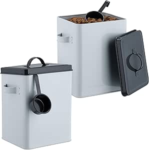 Набор из 2 контейнеров для корма Relaxdays, каждый по 5,5 л, с крышкой и ложкой, металлизированный, контейнер для хранения, сухой корм, белый/антрацитовый.