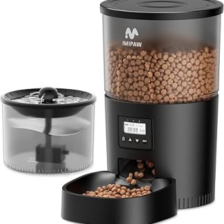 Автоматическая кормушка для кошек IMIPAW 2-в-1 с поилкой, дозатором сухого корма, программируемым управлением, 1-6 приемов пищи в день, контролем порций и контейнером для воды (черная)