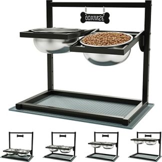 Подставка для мисок для собак с 4 регулируемыми уровнями высоты и наклоном на 10°, идеальная устойчивая подставка для мисок, 2 миски из нержавеющей стали.