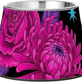 Флуоресцентные черепа и цветы, черная миска для корма для животных, приподнятая миска из нержавеющей стали для маленьких собак, миска для корма для собак, страдающих от усталости и бороды.