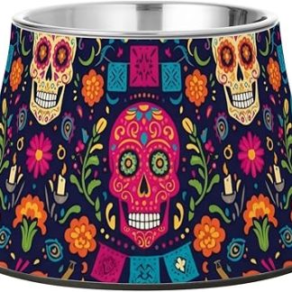 Миски для кормления собак в виде мексиканского сахарного черепа и цветка на подставке, приподнятая миска для кошек из нержавеющей стали для любимого питомца, усы, усталость, еда.