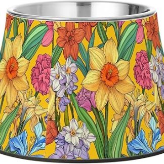 Весенние цветы, нарциссы, гиацинты, желтая миска для воды для собак, приподнятая кормушка из нержавеющей стали, миска для мелких домашних животных, медленное поедание пищи