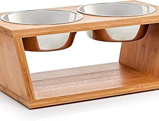 Подставка для корма - приподнятая кормушка для маленьких, средних и крупных собак, бамбуковая подставка для корма - с 4 держателями из нержавеющей стали: 4 x 1650 мл - 18 x 44,5 x 23 см, средний размер
