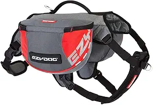 EzyDog Summit Outdoor Dog Backpack - Reflective and Incorporates a Chest Plate Harness - Easy Access Saddlebags with Superior Storage Capacity and Comfort - Front Pull Ring (Red/Gray, Medium)