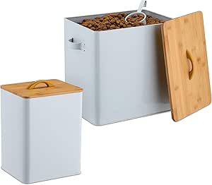 Кормушки для корма Relaxdays, набор из 2 штук, 2 размера, с крышкой и ложкой, бамбук, железо, контейнер для хранения, сухой корм, белый/натуральный
