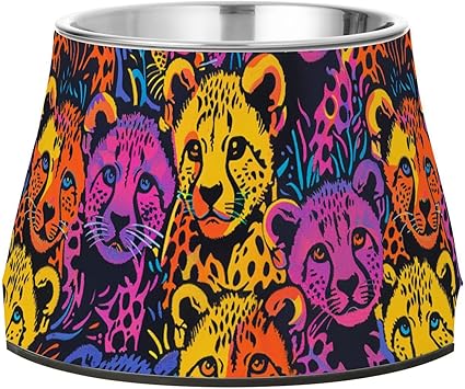 Усовершенствованная миска для воды Happy Rainbow Cheetah Cubs из нержавеющей стали для собак, кошек, кроликов и птиц. Удобное кормление.