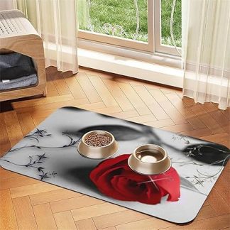 Коврик для кормления собак и кошек из искусственной кожи с принтом «Красная роза2», впитывающий, нескользящий, с резиновой основой.