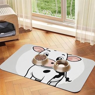 Коврик для кормления собак и кошек из искусственной кожи с принтом мультяшной коровы. Впитывающая нескользящая резиновая основа.