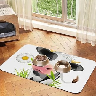 Симпатичный коврик для кормления собак и кошек из искусственной кожи с принтом под коровью шкуру. Впитывающая нескользящая резиновая основа.