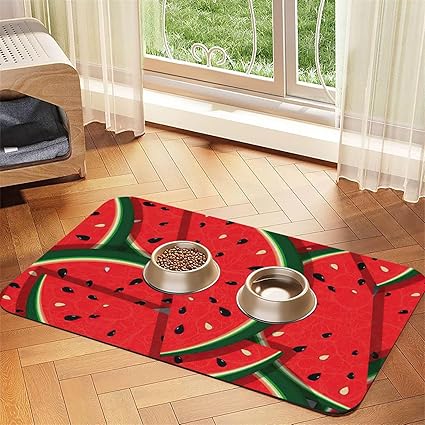 Красный коврик для кормления собак и кошек из искусственной кожи с принтом арбуза, впитывающий влагу, с нескользящей резиновой основой.