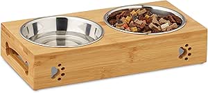 Кормушка Relaxdays для маленьких собак, 2 миски, 300 мл, на подставке, бамбук, нержавеющая сталь, ВШГ: 6,5 x 31,5 x 15 см, натуральный/серебристый цвет, нержавеющая сталь, 1 шт.