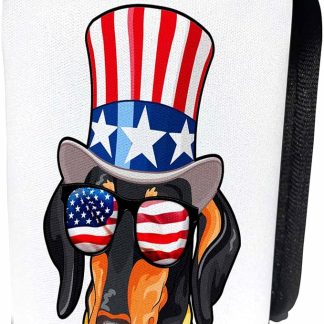 Can Cooler Bottle Wrap - Dachshund Dog With American Flag Sunglasses and Top hat Patriotic American Dogs