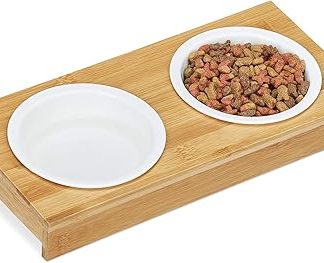 Двойная миска Relaxdays, для кошек и маленьких собак, 2 керамические миски, по 200 мл каждая, можно мыть в посудомойке, бамбуковая миска, натуральный/белый цвет.