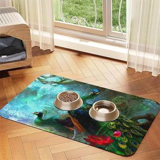 Красочный коврик для кормления собак и кошек из искусственной кожи с принтом павлина. Впитывающая нескользящая резиновая основа.