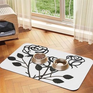 Металлический коврик для кормления собак и кошек из искусственной кожи с принтом в виде роз, впитывающая нескользящая резиновая основа.