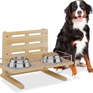 Кормушка для собак Relaxdays, регулируемая по высоте, (В x Ш x Г): 37 x 55 x 36 см, подставка для миски с силиконовым ковриком, бамбук, натуральный цвет.