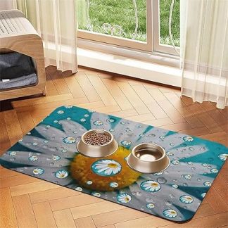 Коврик для кормления собак и кошек из искусственной кожи с принтом в виде ромашек. Впитывающий, нескользящий резиновый дно.