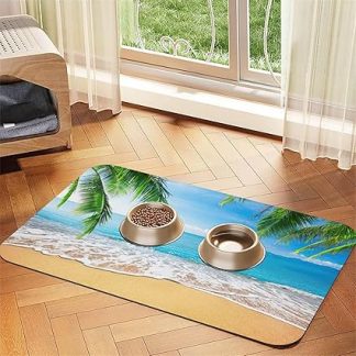 Коврик для кормления собак и кошек из искусственной кожи с принтом «Морской пляж, пальмовые листья», с впитывающей нескользящей резиновой основой.