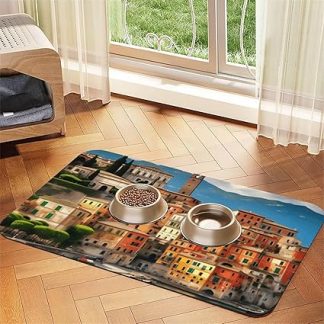 Красивый итальянский коврик для кормления собак и кошек из искусственной кожи с принтом, впитывающий влагу, с нескользящей резиновой основой.