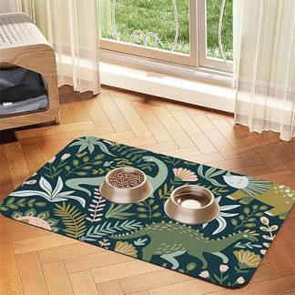 Милый коврик для кормления собак и кошек из искусственной кожи с принтом динозавра, впитывающий влагу, с нескользящей резиновой основой.