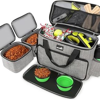Сумка для переноски корма для собак Pecute, большая, портативная, многофункциональная, для домашних животных, органайзер для покупок, набор из 2 пакетов для корма + складные миски, серая.