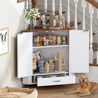 Универсальный шкафчик для корма для животных 2 в 1: угловой шкафчик для собачьего корма с двумя скрытыми мисками, регулируемой крышкой и 4 крючками для хранения игрушек для вашей собаки.