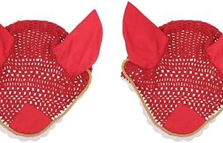 2 set Soft Cotton Hand Crochet Breathable Fly Veil with Ears for Horse Red