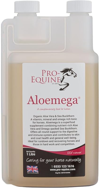 Aloemega is an Aloe Vera & Sea Buckthorn omega rich Horse Supplement. Helps maintain normal Digestion and Coat Health. 1 Litre.