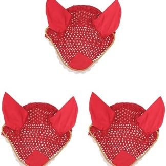 3 set Soft Cotton Hand Crochet Breathable Fly Veil with Ears for Horse Red