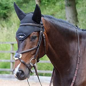 Protechmasta Airmesh Fly Veil with Soundproof Ears - Ceramic Infused FIR Lining, Breathable & Lightweight - Encourages Calm & Focus in Horses - Hook & Loop Fastening - Black - XFULL