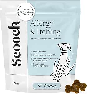Vet-Formulated Scooch Allergy & Itching Chews To Calm Itchy, Sensitive Skin, Ears & Paws | Premium, Natural, Human Grade, Hypoallergenic, Plant-Based Peanut Butter & Coconut | Approx 60 Crunchy Chews