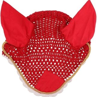 Soft Cotton Hand Crochet Breathable Fly Veil with Ears for Horse Red