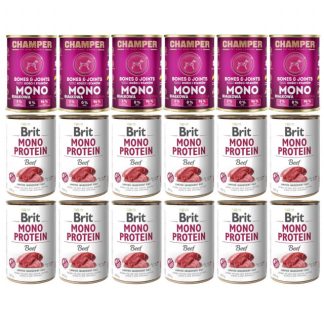 Влажный корм для собак CHAMPER Bones & Joints Mono Beef + BRIT Mono Protein Beef - 18 x 400 г