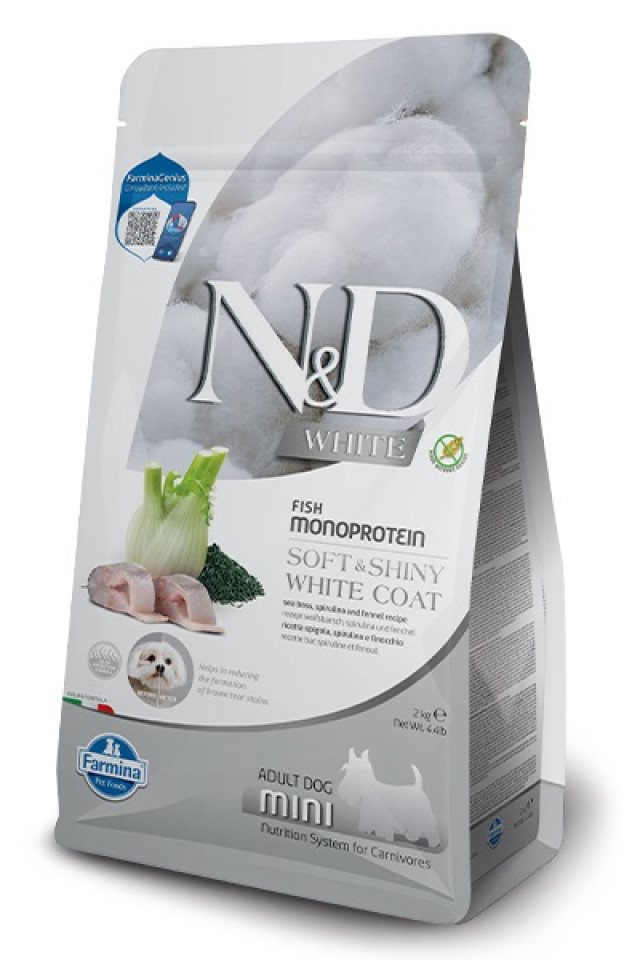 FARMINA N&D WHITE DOG SEA BASS, Spirulina and Fennel Adult Mini - сухой корм для белых собак - 2 кг