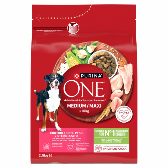 PURINA One Adult Medium/Maxi Weight Control/Sterilized Rich in Turkey with Rice - Сухой корм для собак, 2,5 кг