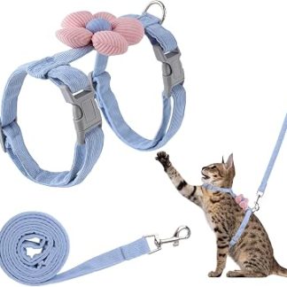 1 ансамбль harnais et laisse pourchat, pour la promenade, цветочный мотив и форма H, doux, reglable, respirant et réfléchissantes (голубой, хвост M)