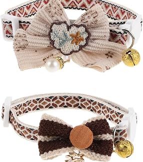 Лот из 2 ожерелий с узором Nœud Brodé и Clochette Collier de Sécurité Réglable с эластичным поясом Amovible, праздничное украшение для животных