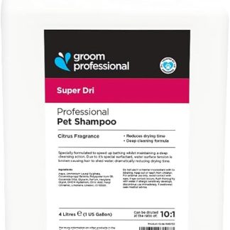 Профессиональный быстросохнущий шампунь для собак Groom Professional Super Dri со специальным поверхностно-активным веществом, предотвращающим сухость шерсти – глубокое очищение с цитрусовым ароматом, подходит для всех типов шерсти.