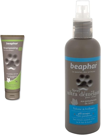 BEAPHAR – Премиальный мягкий шампунь для собак – 250 мл и ультра-распутывающий спрей для собак – Натуральные экстракты ириса, масла ши и виноградных полифенолов 200 мл
