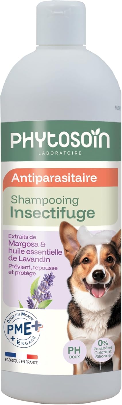 Рига - Шампунь с фитозоином для насекомых Chien – Anti Puces, Tiques & Phlébotomes – Margosa & Lavandin – без силикона, парабена и красителя – Protection & Pelage Doux – Fabriqué en France - 500 мл