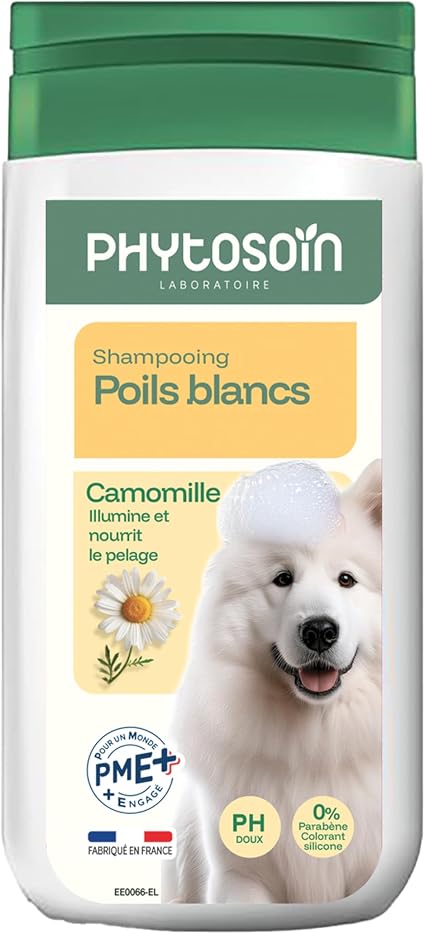 Рига - Шампунь Phytosoin Chien Poils Blancs – Éclat & Brillance – Camomille Éclaircissante – без силикона, парабена и красителя – Pelage Lumineux & Soin Doux – Fabriqué en France - 250мл