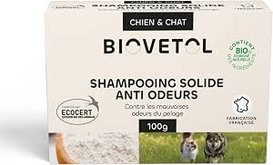 Biovetol - Твердый шампунь для кошек и собак, органический - Сертифицирован Ecocert - Эквивалентно 3 x 240 мл - Разработано и произведено во Франции - 100 г