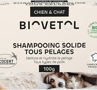 Biovetol — Твердый шампунь для всех типов шерсти кошек и собак — Сертифицирован Ecocert — Эквивалентно 3 x 240 мл — Разработано и произведено во Франции — 100 г