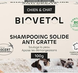Biovetol - Твердый шампунь против зуда для кошек и собак - Сертифицирован Ecocert - Эквивалентно 3 x 240 мл - Разработано и произведено во Франции - 100 г