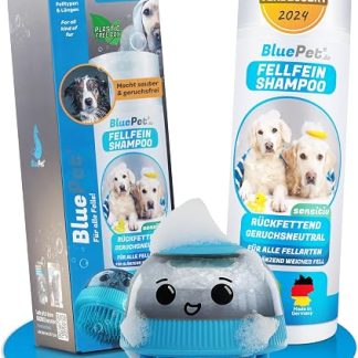 Шампунь для собак BluePet Sensitive & Odourless – Сделано в Германии – Восстанавливает водный баланс благодаря алоэ вера и маслу жожоба для блестящей шерсти (Шампунь + перезаряжаемая щетка для купания)