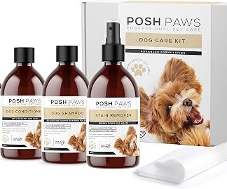 Набор для ухода за собаками Posh Paws включает в себя шампунь, кондиционер, средство от жевания, средство для удаления сорняков и салфетку.