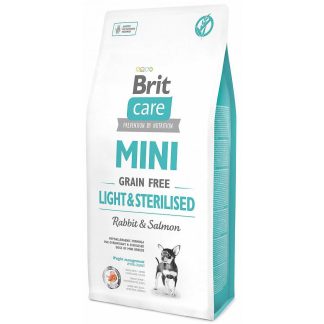 Сухой корм для взрослых собак Brit Care MINI, легкий и стерилизованный, с экстрактом кролика и лосося, упаковка 400 г.
