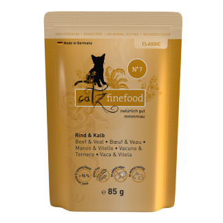 Влажный корм для кошек Catz Finefood No.7 со вкусом телятины, 85 г, без курицы и зерна.